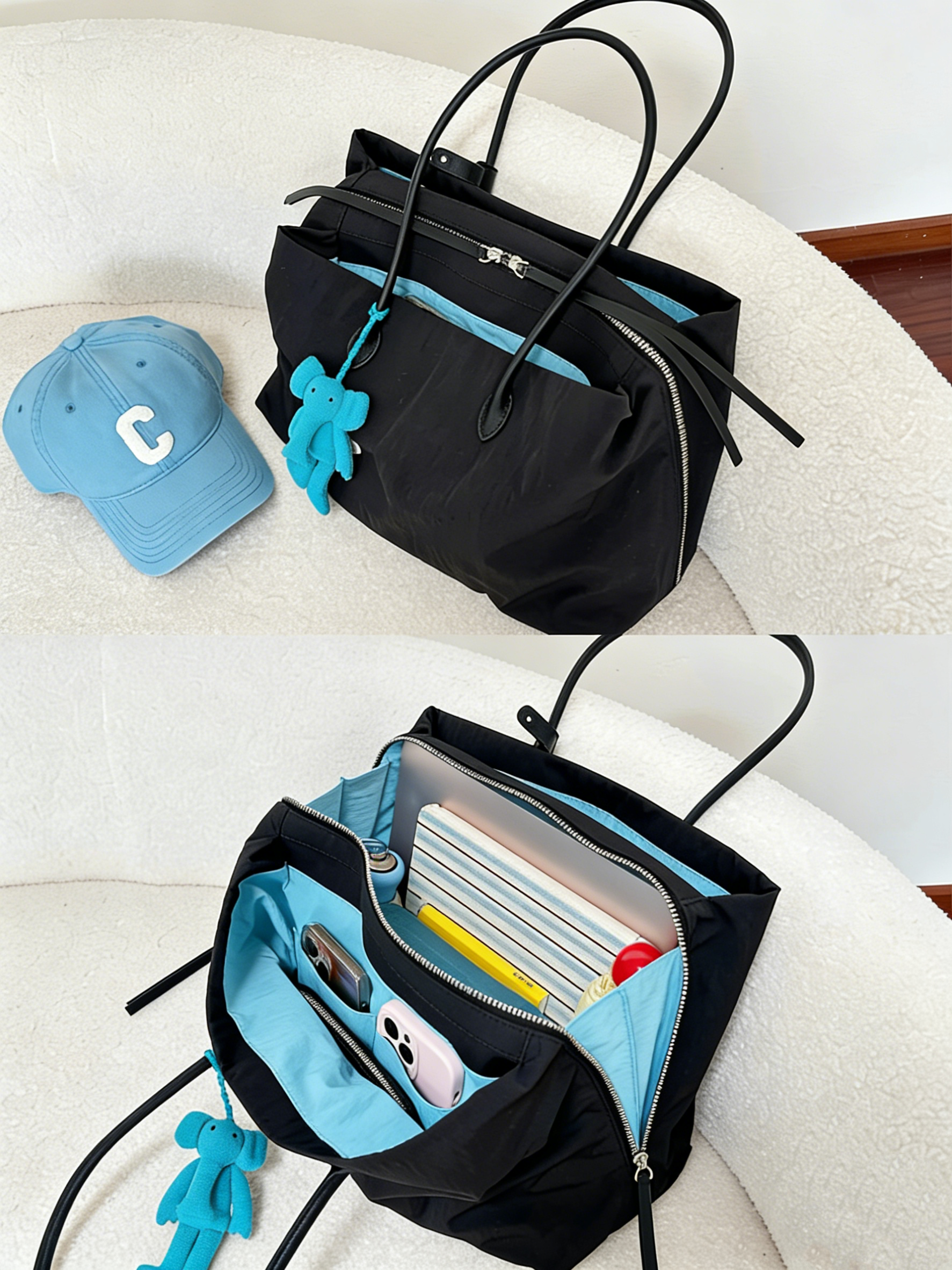 Multi-Compartment, Chic & Niche, Large-Capacity Handbag & Crossbody (Tote/Shoulder Bag) · Cumulonimbus Grey / Marshmallow Pink (Trimmed with Top-Grain Cowhide)