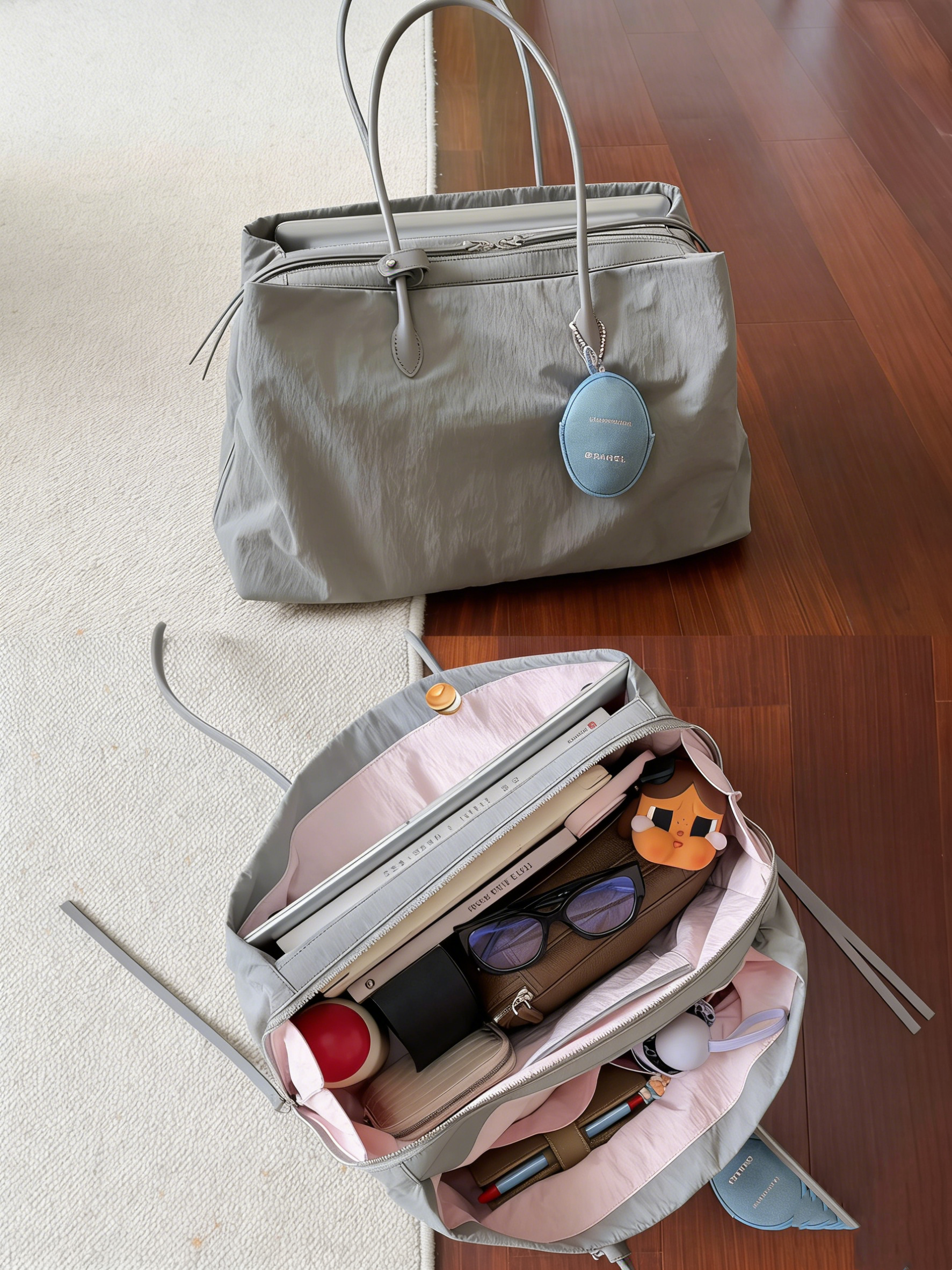 Multi-Compartment, Chic & Niche, Large-Capacity Handbag & Crossbody (Tote/Shoulder Bag) · Cumulonimbus Grey / Marshmallow Pink (Trimmed with Top-Grain Cowhide)