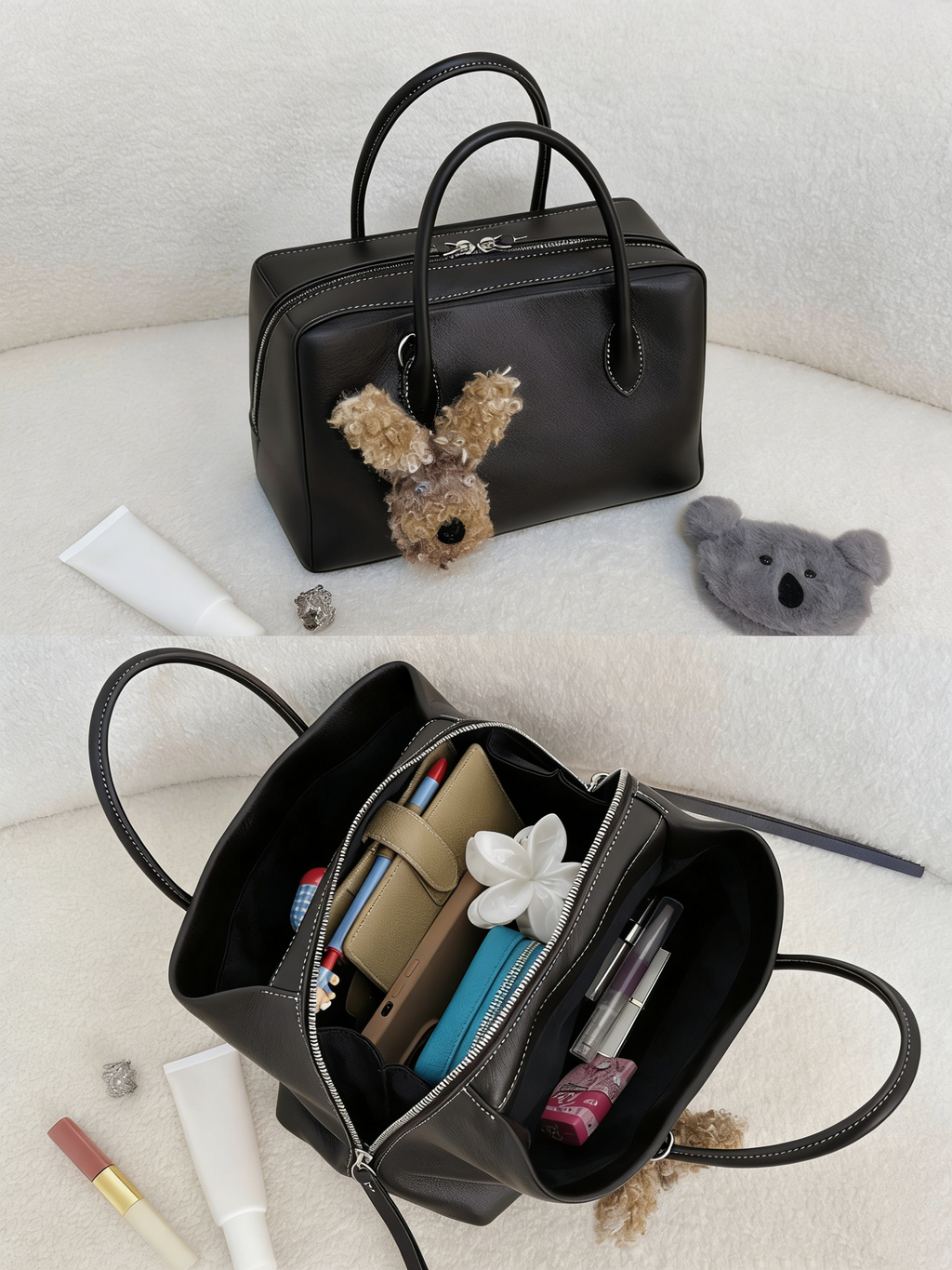 Multi-Compartment, Chic & Niche, Large-Capacity Handbag & Crossbody (Tote/Shoulder Bag) · Cumulonimbus Grey / Marshmallow Pink (Trimmed with Top-Grain Cowhide)