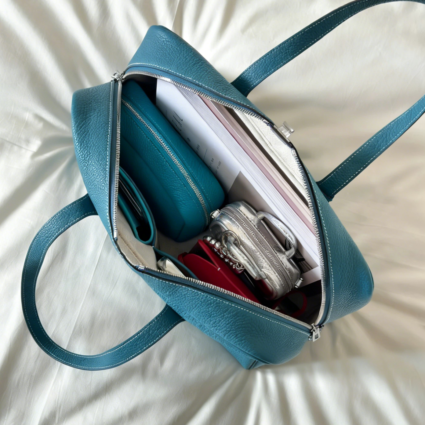 Custom-Made, Handcrafted Premium Boston Handbag—Versatile, High-Capacity, and Commute-Friendly—in Denim Blue; Crafted from Imported Top-Grain Cowhide.