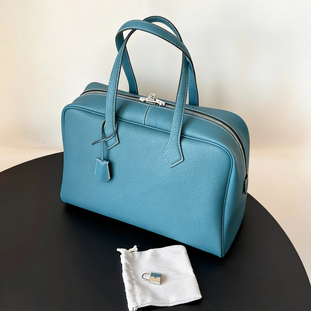 Custom-Made, Handcrafted Premium Boston Handbag—Versatile, High-Capacity, and Commute-Friendly—in Denim Blue; Crafted from Imported Top-Grain Cowhide.