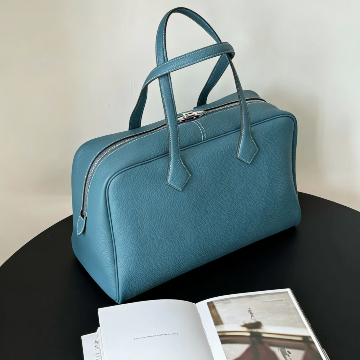 Custom-Made, Handcrafted Premium Boston Handbag—Versatile, High-Capacity, and Commute-Friendly—in Denim Blue; Crafted from Imported Top-Grain Cowhide.