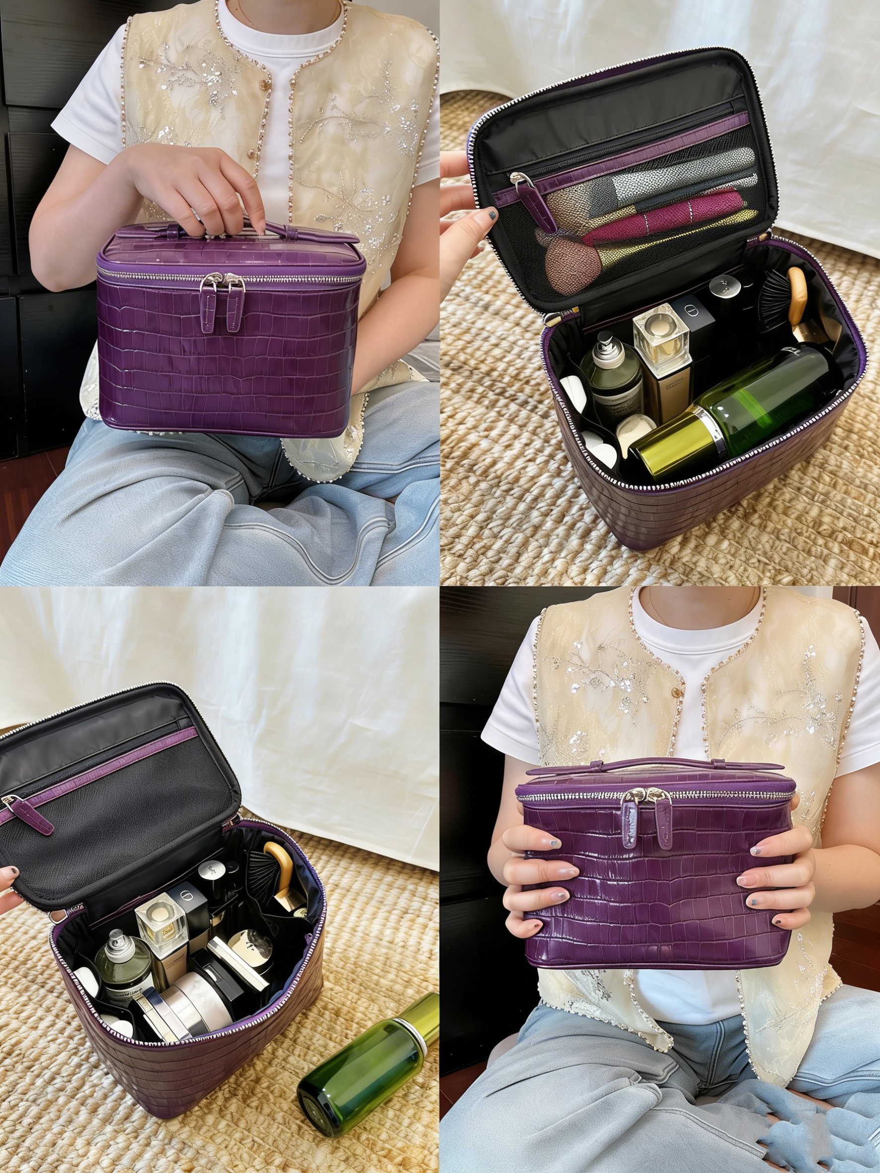 Love at First Sight: Blackcurrant Purple & Two-Tone Crocodile-Embossed Cowhide Handbag — Large-Capacity Cosmetic Pouch · Blackcurrant Purple