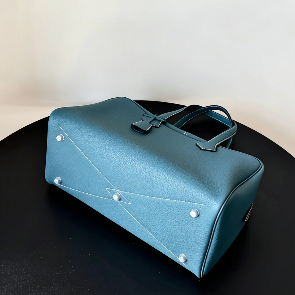 Custom-Made, Handcrafted Premium Boston Handbag—Versatile, High-Capacity, and Commute-Friendly—in Denim Blue; Crafted from Imported Top-Grain Cowhide.